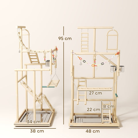 PawHut Wooden Bird Playground Stand – Multi-Level Play Gym with Swing, Ladders, Feeding Bowls & Removable Tray for Parakeets, Cockatiels, Conures & Small Birds