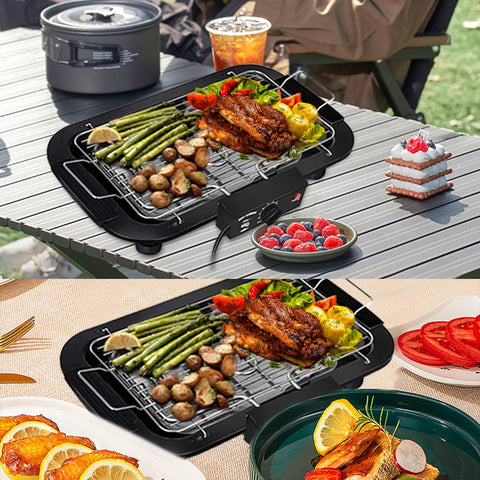 1800-2000W Portable Electric BBQ Grill, Indoor & Outdoor Tabletop Grill with 6-Level Temperature Control up to 350°C, Low-Smoke Electric Barbecue, Removable Grease Tray for Camping, Patio & Parties
