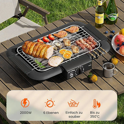 1800-2000W Portable Electric BBQ Grill, Indoor & Outdoor Tabletop Grill with 6-Level Temperature Control up to 350°C, Low-Smoke Electric Barbecue, Removable Grease Tray for Camping, Patio & Parties