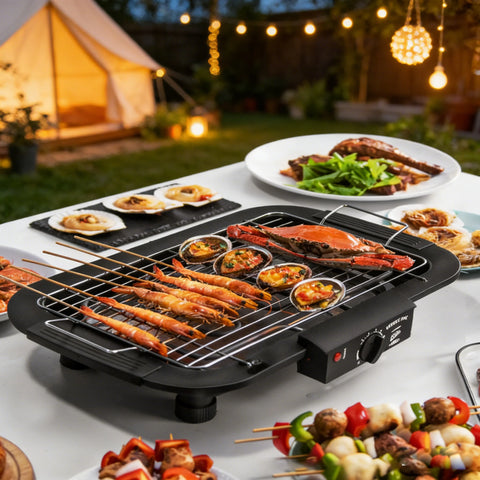 1800-2000W Portable Electric BBQ Grill, Indoor & Outdoor Tabletop Grill with 6-Level Temperature Control up to 350°C, Low-Smoke Electric Barbecue, Removable Grease Tray for Camping, Patio & Parties