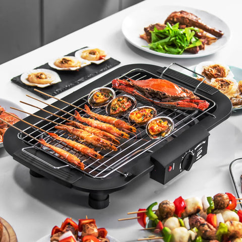 1800-2000W Portable Electric BBQ Grill, Indoor & Outdoor Tabletop Grill with 6-Level Temperature Control up to 350°C, Low-Smoke Electric Barbecue, Removable Grease Tray for Camping, Patio & Parties