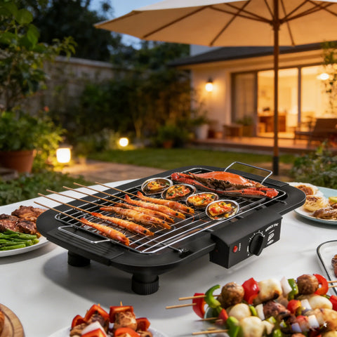 1800-2000W Portable Electric BBQ Grill, Indoor & Outdoor Tabletop Grill with 6-Level Temperature Control up to 350°C, Low-Smoke Electric Barbecue, Removable Grease Tray for Camping, Patio & Parties