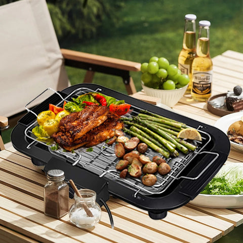1800-2000W Portable Electric BBQ Grill, Indoor & Outdoor Tabletop Grill with 6-Level Temperature Control up to 350°C, Low-Smoke Electric Barbecue, Removable Grease Tray for Camping, Patio & Parties