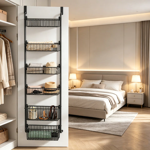 6-Tier Over-the-Door Storage Rack – Heavy Duty Carbon Steel Hanging Basket Organizer for Kitchen, Bathroom, Bedroom & Pantry