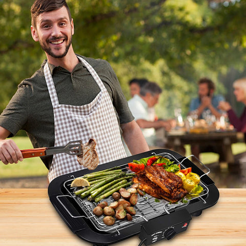 1800-2000W Portable Electric BBQ Grill, Indoor & Outdoor Tabletop Grill with 6-Level Temperature Control up to 350°C, Low-Smoke Electric Barbecue, Removable Grease Tray for Camping, Patio & Parties