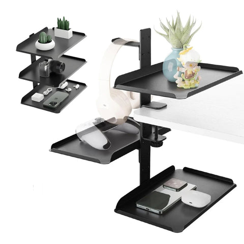 3-Tier Clamp-On Desk Shelf Organizer – Adjustable Carbon Steel Desktop Storage Rack with Headphone Hooks, Space-Saving Desk Caddy for Home Office & Gaming Setup