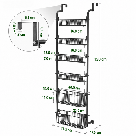 6-Tier Over-the-Door Storage Rack – Heavy Duty Carbon Steel Hanging Basket Organizer for Kitchen, Bathroom, Bedroom & Pantry