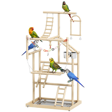 PawHut Wooden Bird Playground Stand – Multi-Level Play Gym with Swing, Ladders, Feeding Bowls & Removable Tray for Parakeets, Cockatiels, Conures & Small Birds