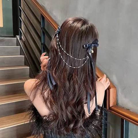 Bow Pearls Chain Barrettes Hairpin