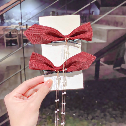 Bow Pearls Chain Barrettes Hairpin