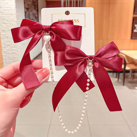 Bow Pearls Chain Barrettes Hairpin