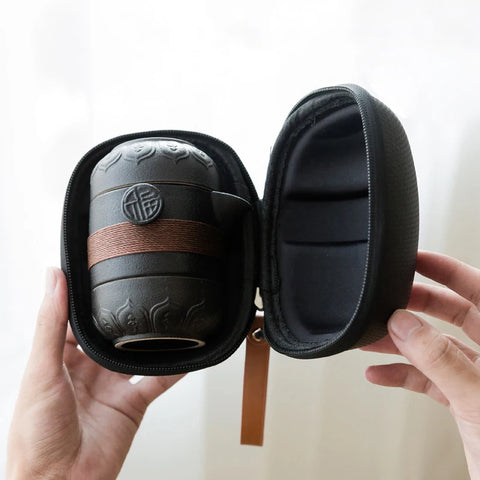 Black Pottery Travel Trio: Portable Tea and Coffee Set
