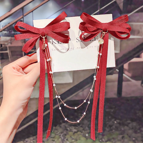 Bow Pearls Chain Barrettes Hairpin