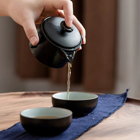 Black Pottery Travel Trio: Portable Tea and Coffee Set