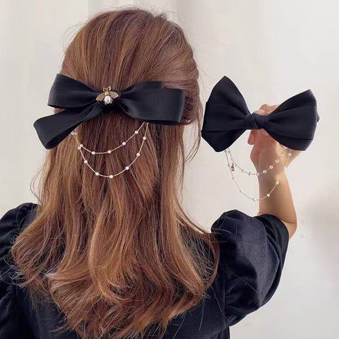 Bow Pearls Chain Barrettes Hairpin