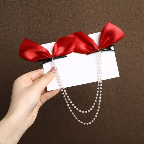 Bow Pearls Chain Barrettes Hairpin