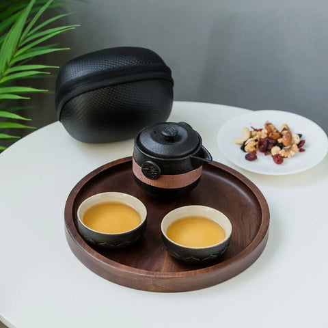 Black Pottery Travel Trio: Portable Tea and Coffee Set
