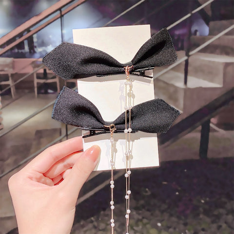 Bow Pearls Chain Barrettes Hairpin