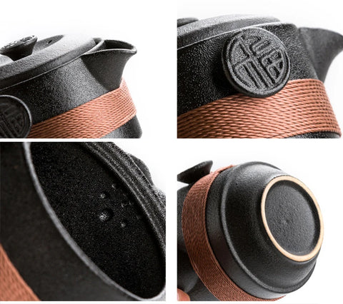 Black Pottery Travel Trio: Portable Tea and Coffee Set