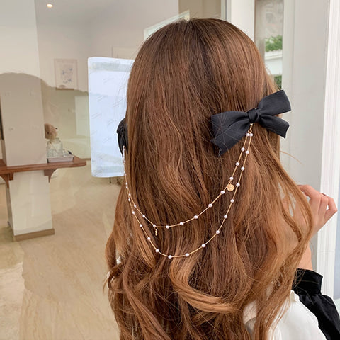 Bow Pearls Chain Barrettes Hairpin