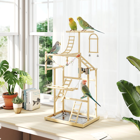 PawHut Wooden Bird Playground Stand – Multi-Level Play Gym with Swing, Ladders, Feeding Bowls & Removable Tray for Parakeets, Cockatiels, Conures & Small Birds