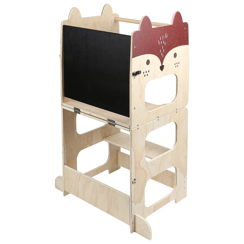 3-in-1 Montessori Learning Tower for Kids – Convertible Kitchen Helper Stool, Foldable Toddler Standing Tower, Table & Chair Set with Blackboard for Cooking, Learning & Drawing