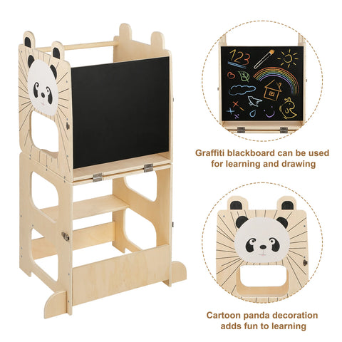 3-in-1 Montessori Learning Tower for Kids – Convertible Kitchen Helper Stool, Foldable Toddler Standing Tower, Table & Chair Set with Blackboard for Cooking, Learning & Drawing