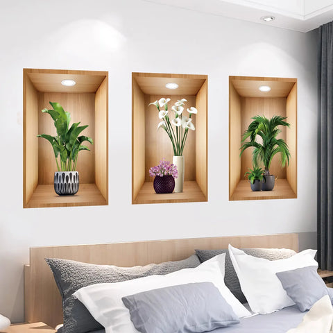 3PCS/Set 3D Plant Vase Wall Stickers