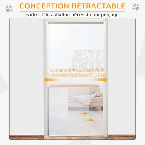 Retractable Safety Gate 115cm – Automatic Baby & Pet Barrier for Stairs, Doorways and Hallways, Space-Saving Steel & Teslin Mesh Design