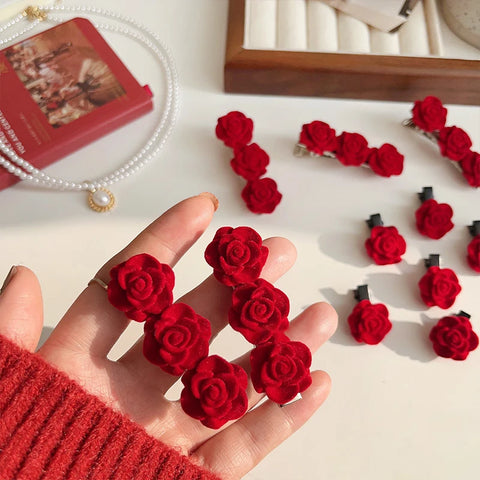 1-10PCS Red Velvet Rose Hair Clips
