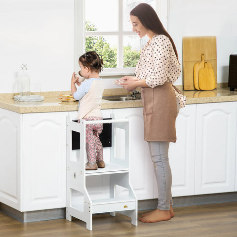 3-in-1 Montessori Learning Tower with Blackboard – Convertible Toddler Kitchen Helper Stool, Observation Tower, Table & Chair Set with Safety Rails for Kids Ages 3-6