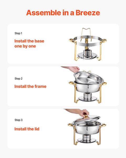 4 Pack Stainless Steel Chafing Dish Buffet Set – 5QT Full-Size Catering Food Warmers with Folding Stand, Lid & Serving Tongs for Parties, Weddings & Banquets (Gold, Rose Gold or Silver)
