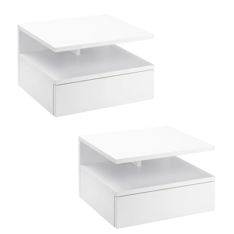 Set of 2 Floating Wall-Mounted Bedside Tables – Modern White Nightstands with Sliding Drawer, Open Storage Shelf & Space-Saving Design
