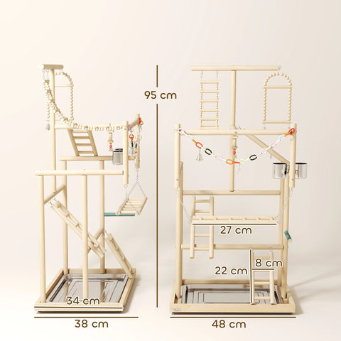 PawHut Wooden Bird Playground Stand – Multi-Level Play Gym with Swing, Ladders, Feeding Bowls & Removable Tray for Parakeets, Cockatiels, Conures & Small Birds