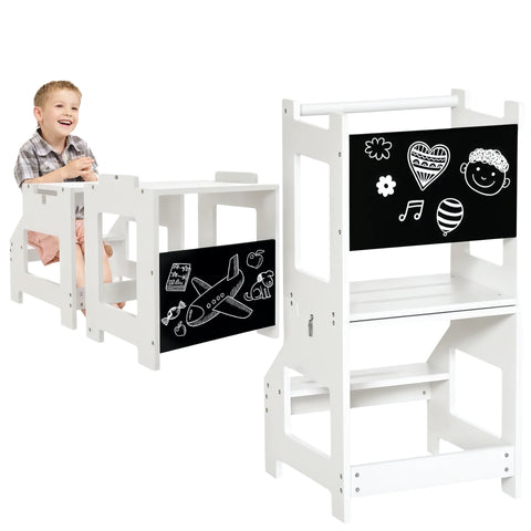 3-in-1 Montessori Learning Tower with Blackboard – Convertible Toddler Kitchen Helper Stool, Observation Tower, Table & Chair Set with Safety Rails for Kids Ages 3-6