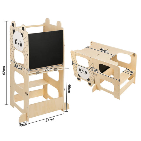 3-in-1 Montessori Learning Tower for Kids – Convertible Kitchen Helper Stool, Foldable Toddler Standing Tower, Table & Chair Set with Blackboard for Cooking, Learning & Drawing