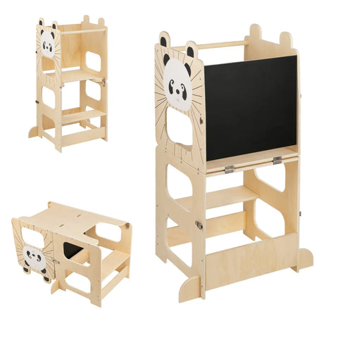 3-in-1 Montessori Learning Tower for Kids – Convertible Kitchen Helper Stool, Foldable Toddler Standing Tower, Table & Chair Set with Blackboard for Cooking, Learning & Drawing
