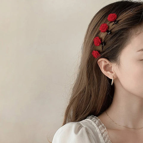 1-10PCS Red Velvet Rose Hair Clips