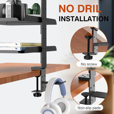 3-Tier Clamp-On Desk Shelf Organizer – Adjustable Carbon Steel Desktop Storage Rack with Headphone Hooks, Space-Saving Desk Caddy for Home Office & Gaming Setup
