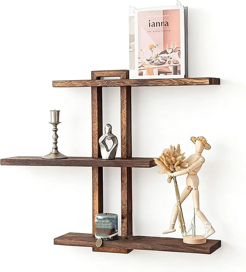 3-Tier Floating Wall Shelves – Rustic Wooden Wall Mounted Storage Shelf for Bathroom, Kitchen, Bedroom & Living Room
