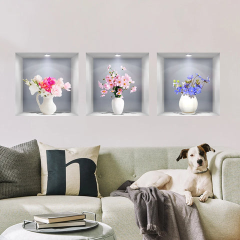 3PCS 3D Flower Vase Wall Stickers