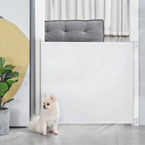 Retractable Safety Gate 115cm – Automatic Baby & Pet Barrier for Stairs, Doorways and Hallways, Space-Saving Steel & Teslin Mesh Design