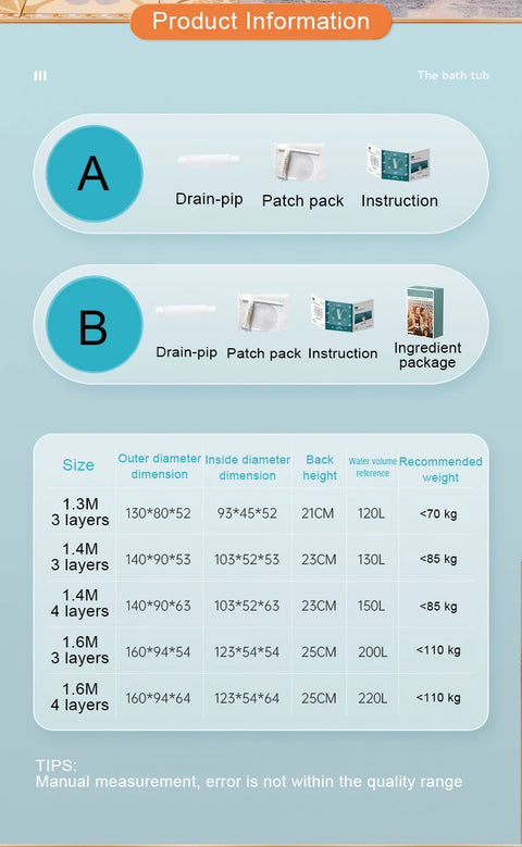1.6M/1.4M/1.3M Inflatable Bathtub