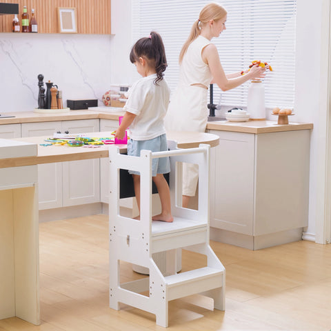 3-in-1 Montessori Learning Tower with Blackboard – Convertible Toddler Kitchen Helper Stool, Observation Tower, Table & Chair Set with Safety Rails for Kids Ages 3-6