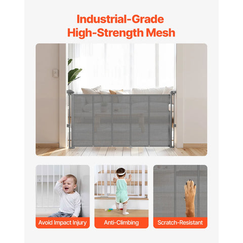 140cm/180cm/280cm Retractable Baby & Pet Safety Gate – 87cm Tall Extendable Mesh Barrier for Stairs, Doorways & Hallways