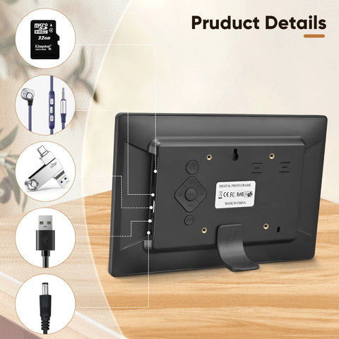 10-Inch Digital Photo Frame with IPS Display – HD Electronic Picture Frame with Photo Slideshow, Video & Music Player, Calendar, Alarm Clock, USB/SD Card Support & Remote Control