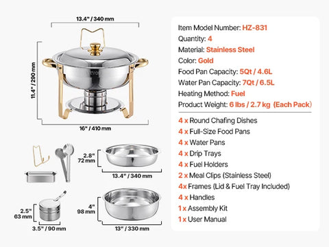4 Pack Stainless Steel Chafing Dish Buffet Set – 5QT Full-Size Catering Food Warmers with Folding Stand, Lid & Serving Tongs for Parties, Weddings & Banquets (Gold, Rose Gold or Silver)