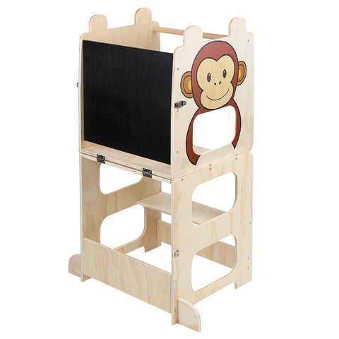 3-in-1 Montessori Learning Tower for Kids – Convertible Kitchen Helper Stool, Foldable Toddler Standing Tower, Table & Chair Set with Blackboard for Cooking, Learning & Drawing