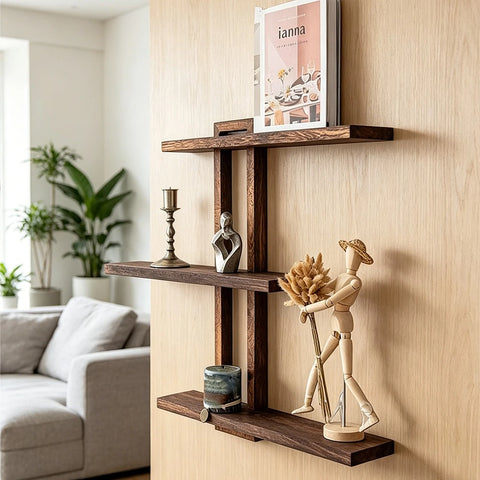 3-Tier Floating Wall Shelves – Rustic Wooden Wall Mounted Storage Shelf for Bathroom, Kitchen, Bedroom & Living Room