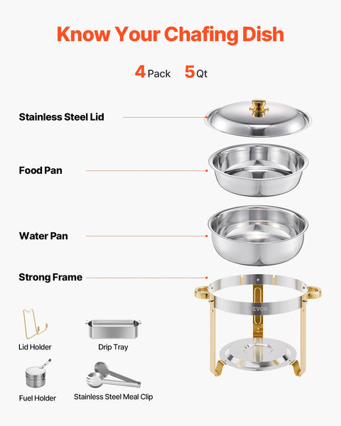 4 Pack Stainless Steel Chafing Dish Buffet Set – 5QT Full-Size Catering Food Warmers with Folding Stand, Lid & Serving Tongs for Parties, Weddings & Banquets (Gold, Rose Gold or Silver)